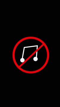 Music symbol animation with red circle. Music symbol digital audio warning. Music symbol media technology graphic on black background for silent settings.