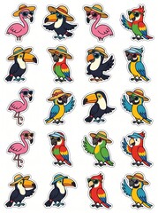 Obraz premium set of cute cartoon tropical birds wearing sunglasses and hats. flamingo, toucan and parrot mascots. summer vacation concept. funny animal sticker pack, clipart collection, print design.