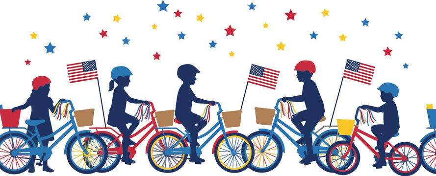 Children ride their bicycles in a parade while carrying small flags to celebrate a national holiday.