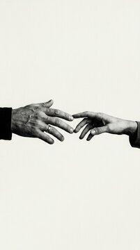 Two hands reaching toward each other, close-up black and white touching fingers connection