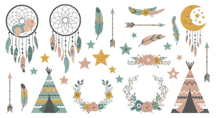 Bohemian nursery elements with dreamcatchers and teepee tents © mimis