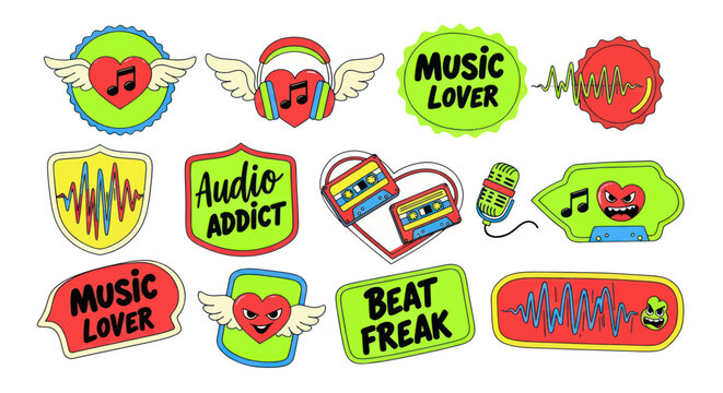 Retro music lover stickers featuring hearts headphones and cassettes