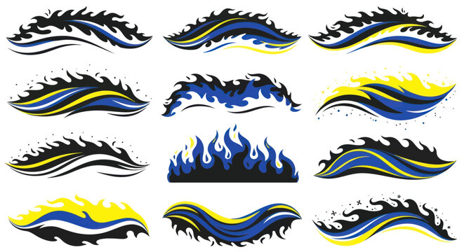 Blue and yellow tribal flame decals for vehicle pinstriping