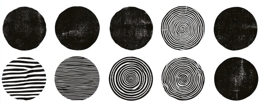 Distressed rubber stamp textures crafted with roller. Woodcut relief printing patterns collection. Weathered letterpress uneven circular backgrounds. Illustration isolated on white background.