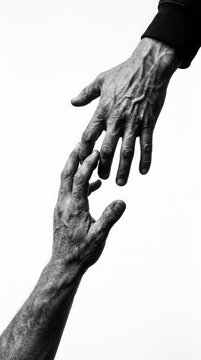 Two hands reaching toward each other, contrast black and white close-up touching