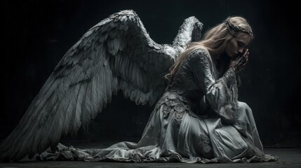 Fototapeta premium Fantasy wallpaper. A dark, moody portrayal of an angel. The angel, with large, detailed wings, is depicted in a contemplative pose. She wears a flowing.
