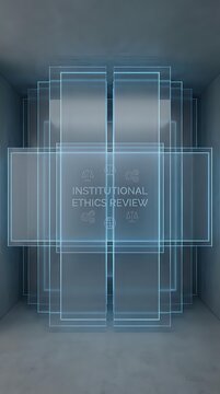 Institutional ethics review neon sign with scale symbols glowing in modern concrete room, representing legal compliance and regulatory approval for research and medical studies.