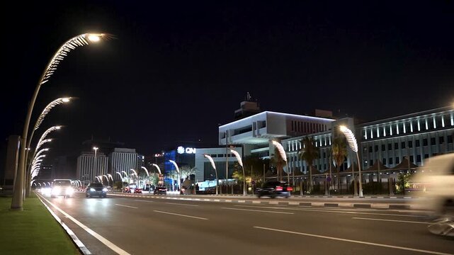 Night Traffic Time-lapse on a Modern City Road in Doha