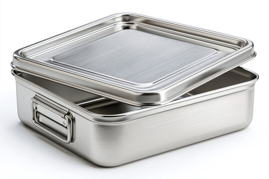 Empty Stainless Steel Lunch Box Isolated on White Background