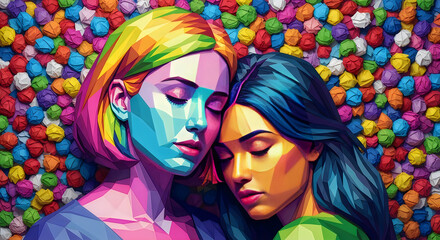 Obraz premium Two colorful pixel art portraits of people with yellow hair and dark skin smiling close together