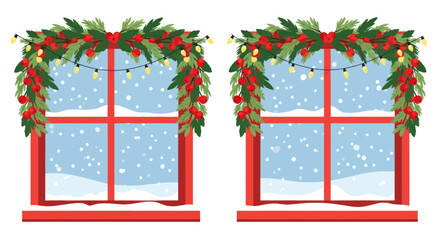 Red window frames decorated with christmas greenery and berries © mimis