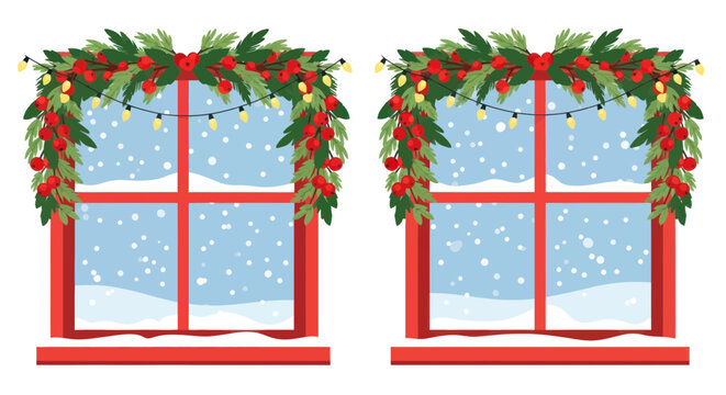 Red window frames decorated with christmas greenery and berries