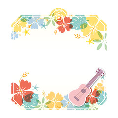 Tropical frame with hibiscus flowers, monstera leaves, starfish, and a pink ukulele, perfect for summer designs. © yeri