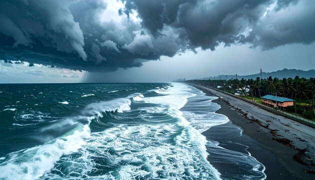 Powerful Typhoon Approaching Coastline with Massive Waves and Storm