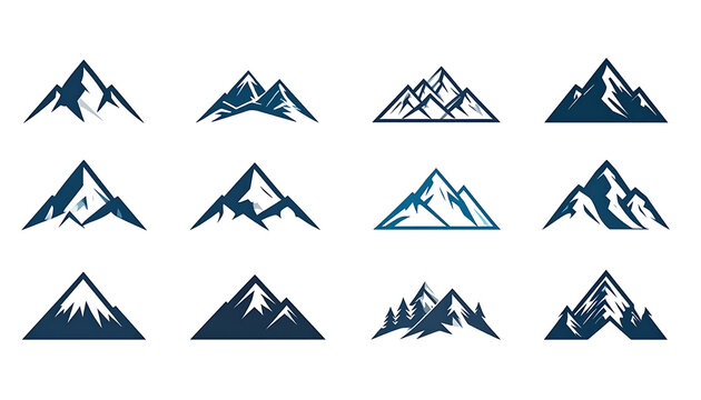 collection of pixel art mountain range icons and logos, abstract geometric peaks with snow caps, vector graphic elements for adventure and nature themes