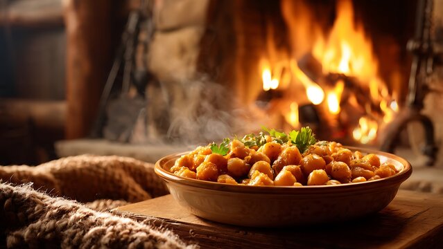 Wooden bowl filled with roasted chestnuts over open fire.