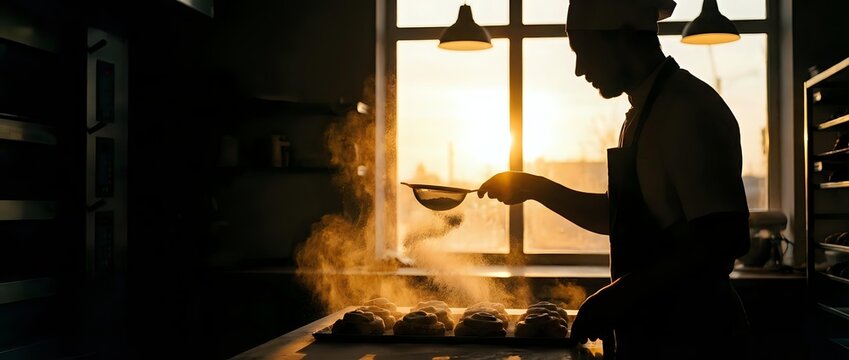 Silhouetted chef tossing food in a hot pan with dramatic flames and steam rising in a professional kitchen during golden hour lighting.