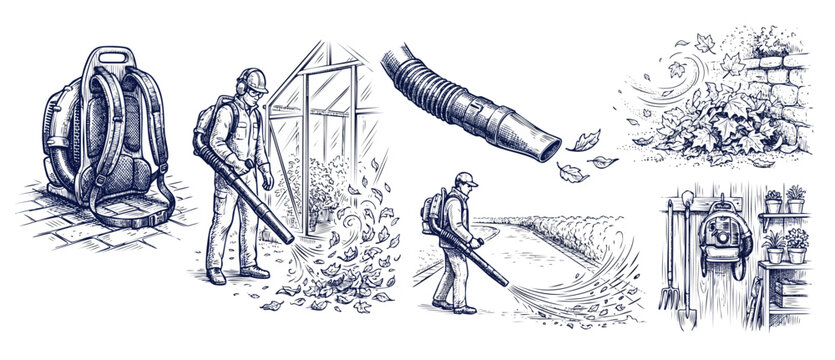 Leaf blower garden cleanup sketch drawing set showing workers clearing autumn leaves with backpack leaf blowers, garden tools in shed, and close-up nozzle blowing foliage in vintage engraving style.