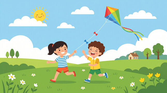 Two cheerful children a boy and a girl joyfully running across a vibrant green meadow under a bright blue sky flying a colorful kite on a sunny day symbolizing freedom happiness and outdoor fun