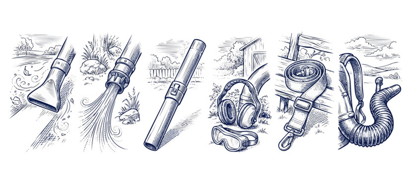 Leaf blower accessories line art package for yard maintenance and garden care, featuring safety goggles, ear muffs, blower nozzles, extension tubes, and harness straps in hand-sketched engraving style