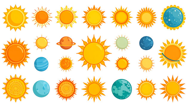 collection of pixel art suns and planets, representing solar system elements in a vibrant, retro style
