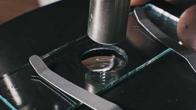 Fingers carefully adjust a glass slide with a single hair fiber sample under a microscope objective lens. This precise setup aids forensic and biology research.
