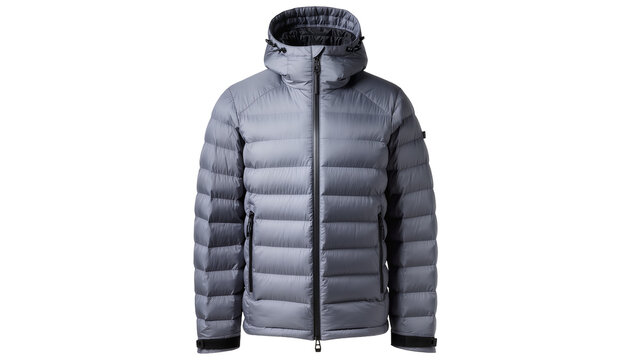 Padded grey hooded puffer jacket with black zipper, isolated on transparent background