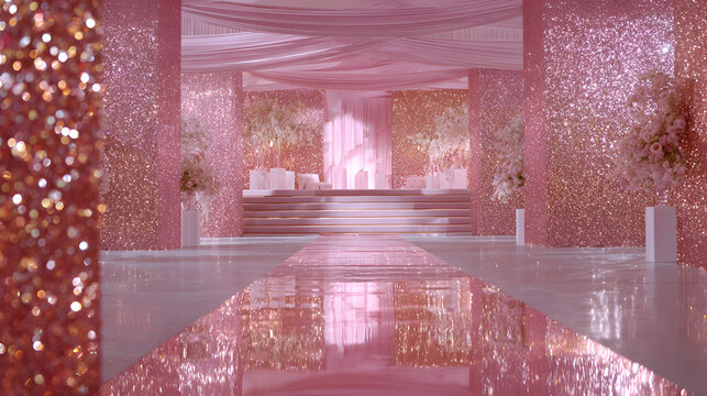 Pink sparkle carpet leading to an elaborate wedding ceremony setup with drapes and floral decorations.
