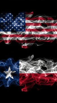 Smoke composition featuring the united states flag and the texas state flag on black background