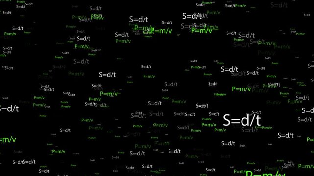 Physics  formula pass through the screen and fall away.4k animation on black background