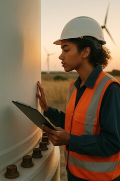 Technician Inspecting Wind Turbine Base at Golden Hour [2x3]