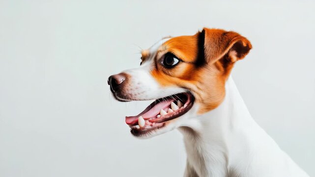 Close-up of an enthusiastic, smiling dog featuring soft fur and expressive eyes, is set against a plain backdrop, emphasizing its cheerful demeanor and healthy appearance.