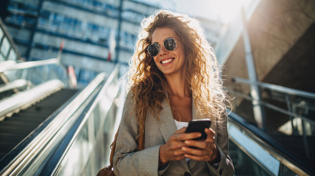 Happy successful young business woman with curly hair wearing elegant blazer and sunglasses holding smartphone and smiling on escalator in modern urban city center during bright sunny day