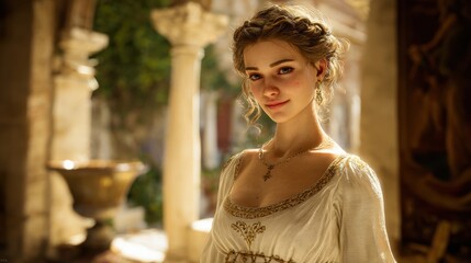 Naklejka premium Greek mythology goddess. A portrait of a young woman in a historical setting. She wears a white dress with intricate gold embroidery and a delicate necklace. Her hair is styled in a voluminous updo.