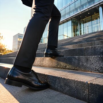 Businessman climbing stairs with sunlight ahead. Business person, professional-looking entrepreneur with legs and shoes close up. Career development and success concept