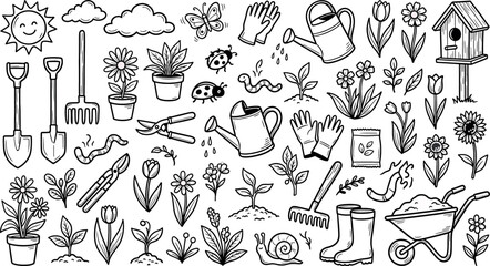 Doodle gardening set with tools, plants, flowers, and insects isolated on white background © SampaRani