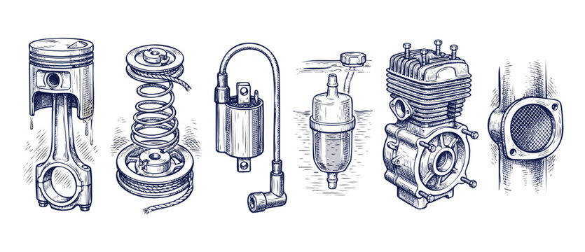 Small engine parts sketch set featuring vintage hand drawn piston cylinder ignition coil recoil starter pulley and fuel filter isolated on white background for mechanical engineering & repair manuals.