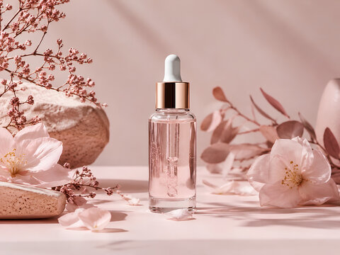 Transparent bottle surrounded with flowers for a beautiful and luxurious beauty product showcase and presentation. Fragrance display with fresh and stylish background scene