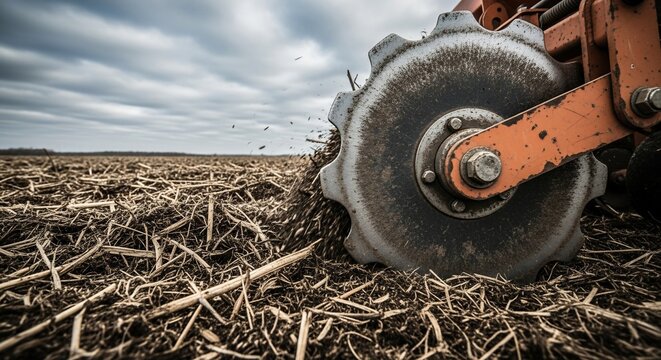 Agricultural Tiller Working the Soil in a Field Under a Cloudy Sky.
