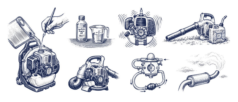 Leaf blower engine maintenance set of hand-drawn vintage engraving illustrations showing fuel mixing, carburetor parts, muffler exhaust, and outdoor gardening tool repair process on white background
