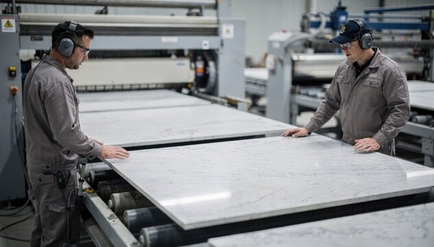 Medium shot showcasing honed engineered stone countertop slabs being inspected by workers highlighting the matte texture and subtle finish in a controlled production line.