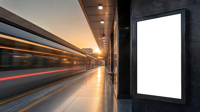 Vertical white empty LED billboard mockup in a subway station. Metro station advertising banner display. Digital signage for ads and promotions