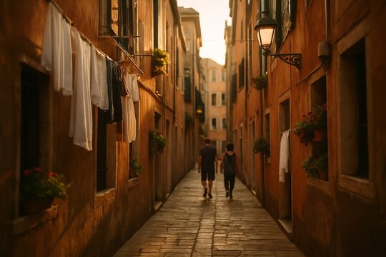Narrow European alleyway at dusk with local residents walking [3x2]