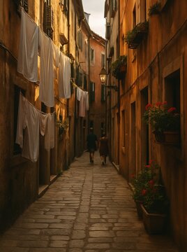 Narrow European alleyway at dusk with local residents walking [3x4]