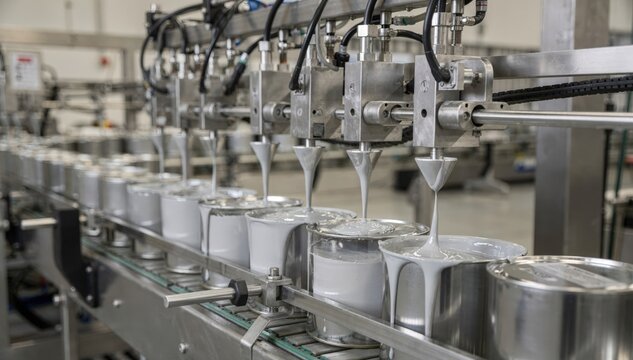 Medium shot of mechanized production line filling containers with light gray solarreflective elastomeric roof coating highlighting industrial precision and efficiency.