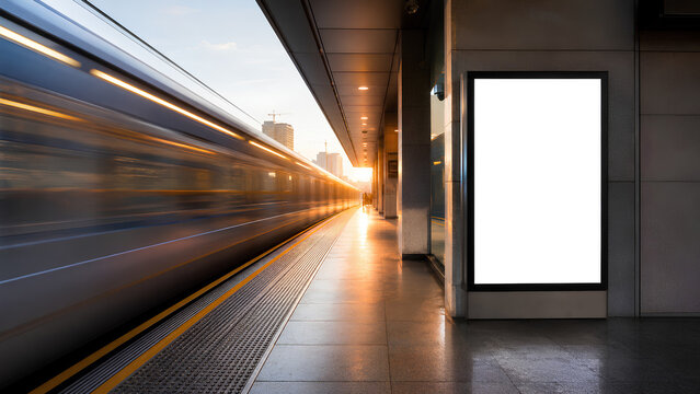 Vertical white empty LED billboard mockup in a subway station. Metro station advertising banner display. Digital signage for ads and promotions