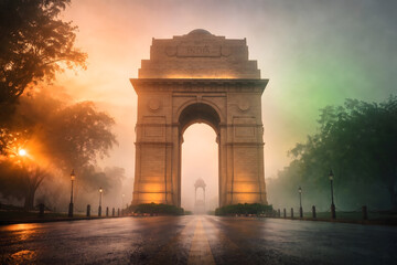Obraz premium Majestic India Gate New Delhi Surrounded by Dramatic Tricolor Saffron White Green Misty Fog at Dawn with Wet Road Reflection and Glowing Street Lamps — India Independence Day Republic Day Patriotic 