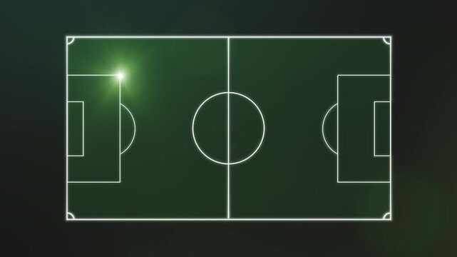 Horizontal soccer field with glowing white line drawing animation on a dark green pitch, top down tactical view ideal for sports intros, match graphics and betting promos
