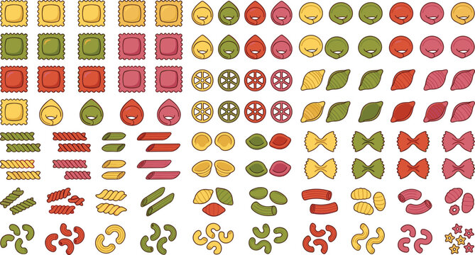 Colorful Italian pasta vector icon mega collection featuring flat illustrations of ravioli farfalle penne fusilli conchiglie and tortellini varieties isolated on white background