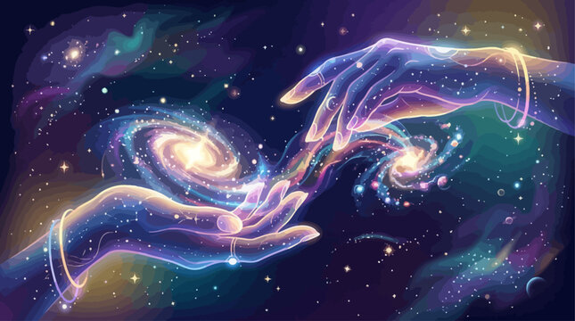 Celestial Hands Guiding Intertwined Galaxies A Divine Dance of Creation and Universal Connection Amidst Shimmering Stardust, Symbolizing Infinite Possibilities